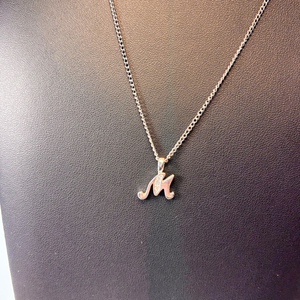 Initial M Pendant Necklace Silver Tone Cursive Letter Rhinestone Minimalist 90s